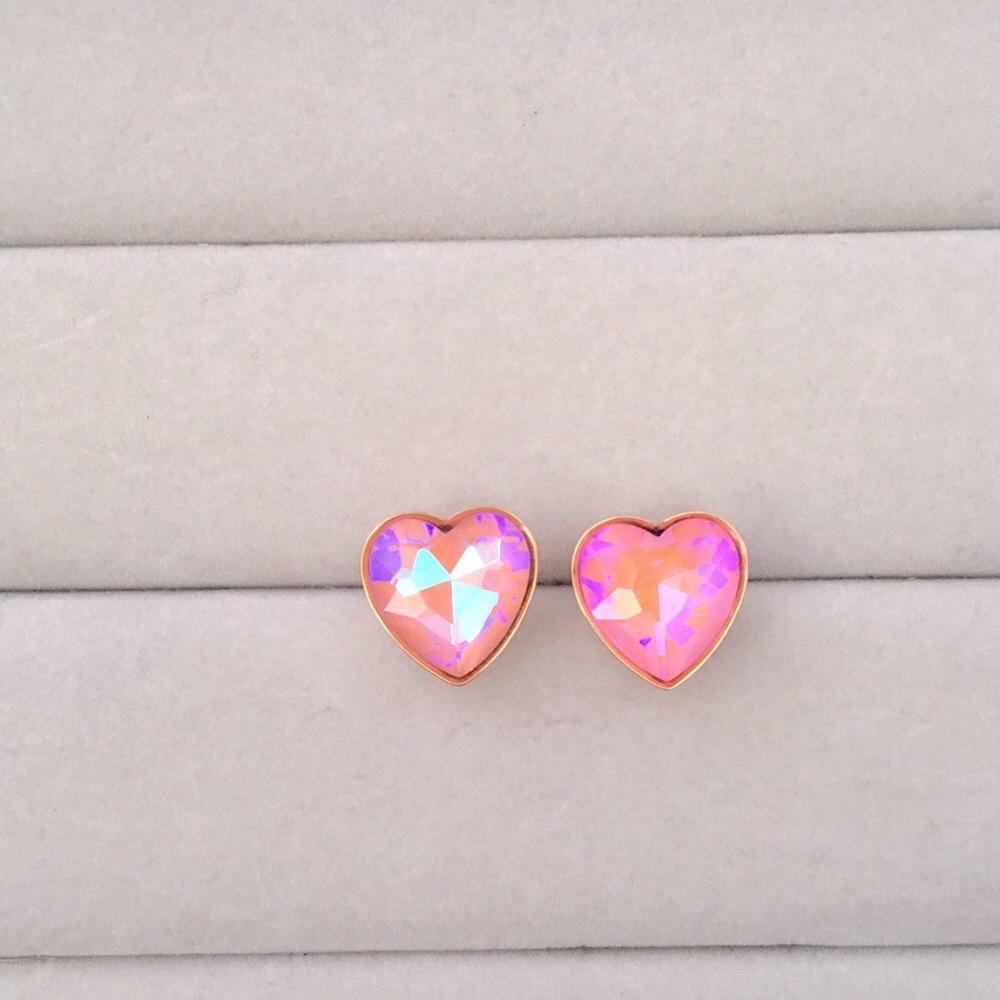 Rose Pink Aurora Borealis + Gold Crystal Heart Earrings - Picture 4 of 5